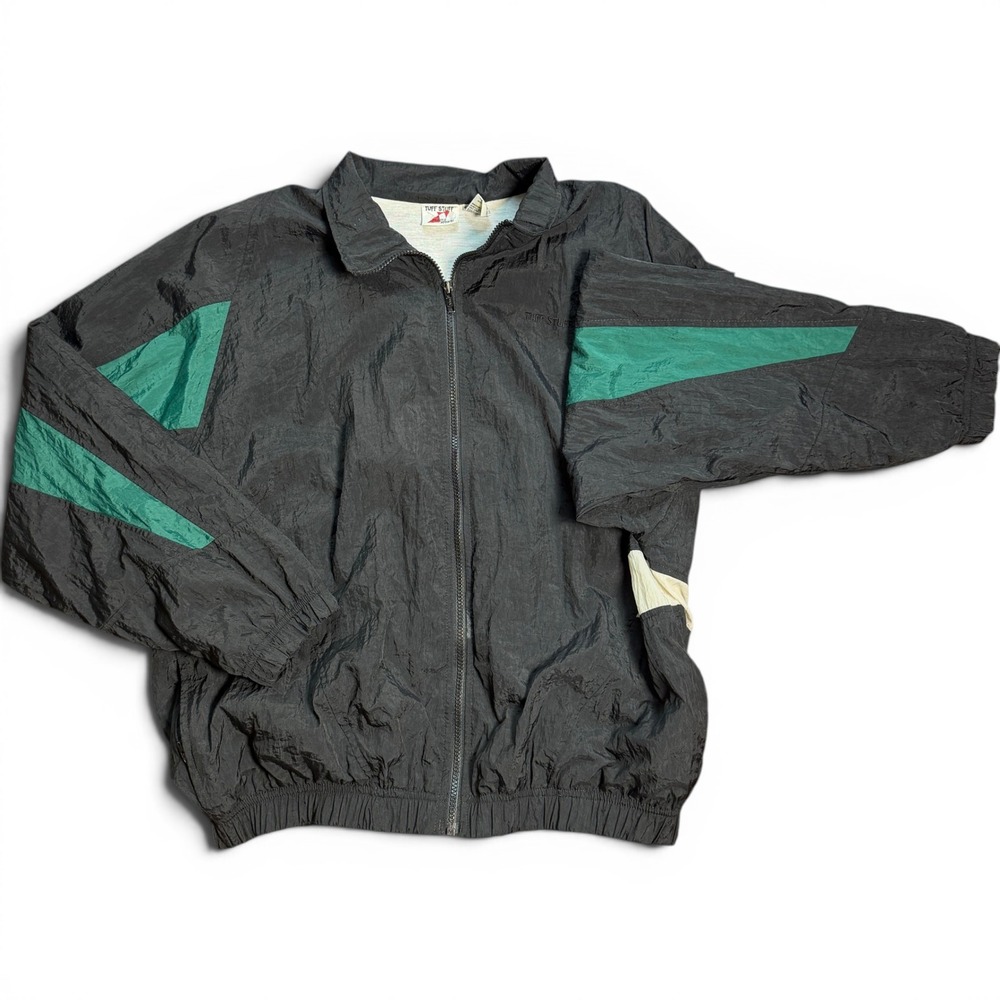 Tuff Stuff Windbreaker Jacket Mens L Black Green Vintage 90s Streetwear Hiphop